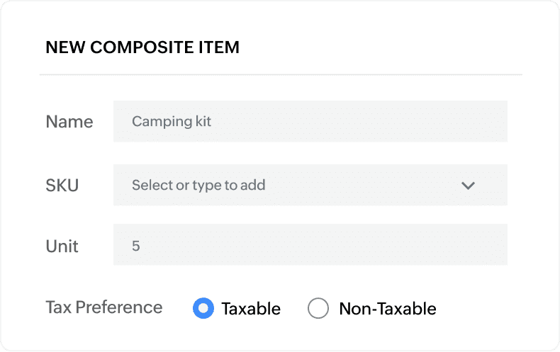 Composite item creation menu shows details like name, SKU, unit, and tax preference.